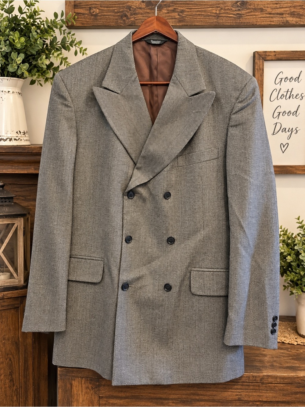 Barry Gray Herringbone Double Breasted Men’s Blazer Sport Coat (SJ11)